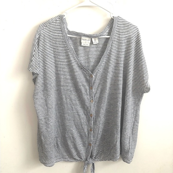 Rachel Zoe Blouse Women’s 1X Linen Navy White Stripe Button Short Sleeve Casual - Picture 1 of 4